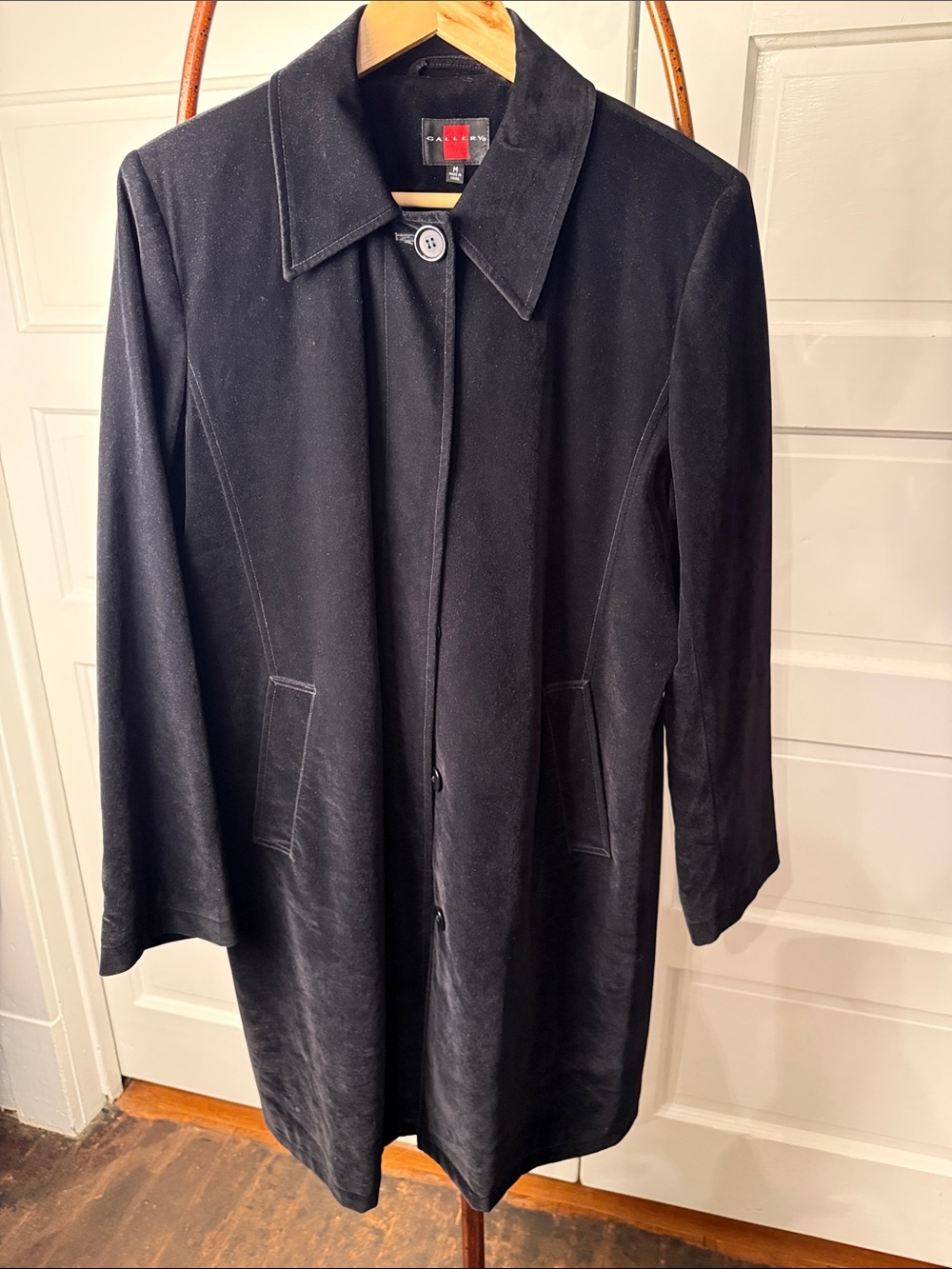 90s Minimalist Black Velvet Feel Long Coat Gallery M Sculptural Collar